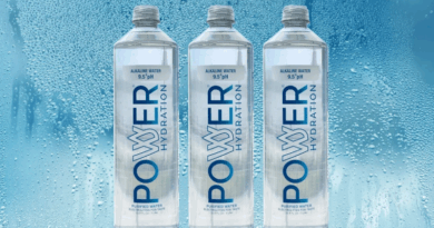 Three bottles of Power Hydration, a new alkaline beverage brand from California