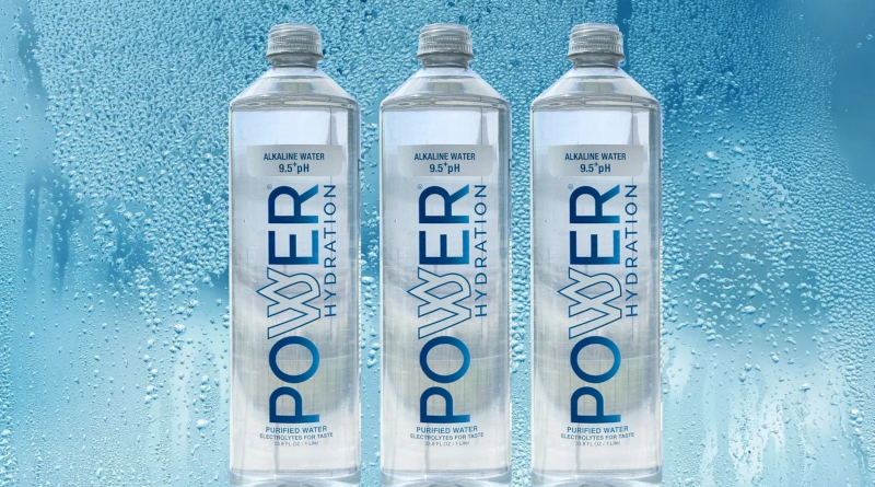 Three bottles of Power Hydration, a new alkaline beverage brand from California